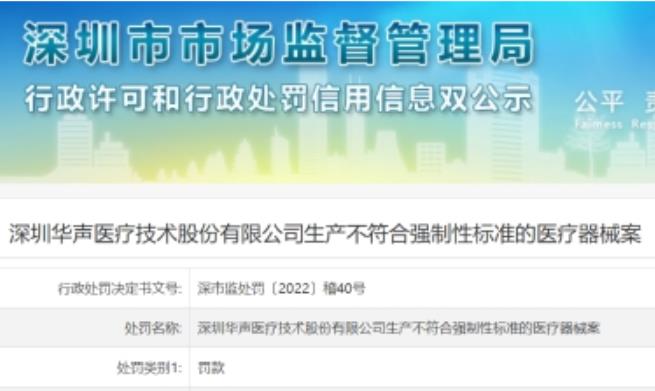 華聲醫(yī)療深圳違法被罰 生產(chǎn)不符合強制性標(biāo)準(zhǔn)醫(yī)療器械